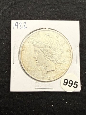 1922 Peace Silver Dollar Coin: KEY WORDS: INDIAN ARTIFACT ARTIFACTS ARROWHEAD ARROWHEADS NATIVE AMERICAN MISSISSIPPIAN QUAPAW CADDO POTTERY COINS MORGAN DOLLAR PEACE DOLLAR SILVER COINS. All coins have been Sigma tested for