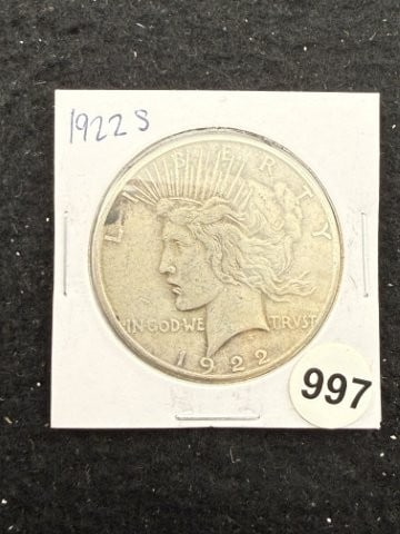 1922 S Peace Silver Dollar Coin: KEY WORDS: INDIAN ARTIFACT ARTIFACTS ARROWHEAD ARROWHEADS NATIVE AMERICAN MISSISSIPPIAN QUAPAW CADDO POTTERY COINS MORGAN DOLLAR PEACE DOLLAR SILVER COINS. All coins have been Sigma tested for