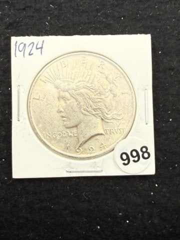 1924 Peace Silver Dollar Coin: KEY WORDS: INDIAN ARTIFACT ARTIFACTS ARROWHEAD ARROWHEADS NATIVE AMERICAN MISSISSIPPIAN QUAPAW CADDO POTTERY COINS MORGAN DOLLAR PEACE DOLLAR SILVER COINS. All coins have been Sigma tested for
