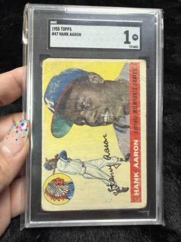 1955 Topps Hank Aaron Baseball Card: KEY WORDS: INDIAN ARTIFACT ARTIFACTS ARROWHEAD ARROWHEADS NATIVE AMERICAN MISSISSIPPIAN QUAPAW CADDO POTTERY COINS MORGAN DOLLAR PEACE DOLLAR SILVER COINS. All coins have been Sigma tested for