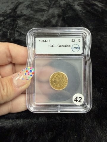 1914-D $2&1/2 dollar Gold Coin: KEY WORDS: INDIAN ARTIFACT ARTIFACTS ARROWHEAD ARROWHEADS NATIVE AMERICAN MISSISSIPPIAN QUAPAW CADDO POTTERY COINS MORGAN DOLLAR PEACE DOLLAR SILVER COINS. All coins have been Sigma tested for