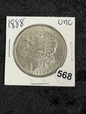 1888 UNC Morgan Silver Dollar Coin: KEY WORDS: INDIAN ARTIFACT ARTIFACTS ARROWHEAD ARROWHEADS NATIVE AMERICAN MISSISSIPPIAN QUAPAW CADDO POTTERY COINS MORGAN DOLLAR PEACE DOLLAR SILVER COINS. All coins have been Sigma tested for authent
