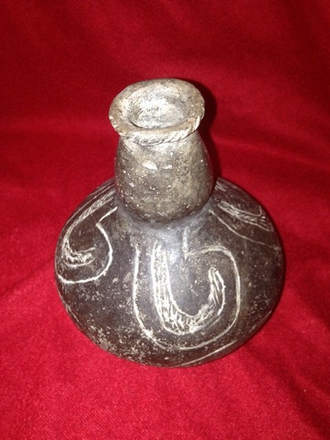 HUDSON INCISED WATERBOTTLE: HAS SOME MINOR RESTORATION & NECK REPAIR 5'T 4&1/2'W NICE EXAMPLE FROM NE ARKANSAS