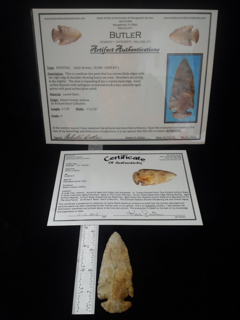 DOVETAIL WITH COA: 3&7/8 INCHES LONG FROM ADAMS COUNTY INDIANA HAS BUTLER & KEN PARTAIN COA