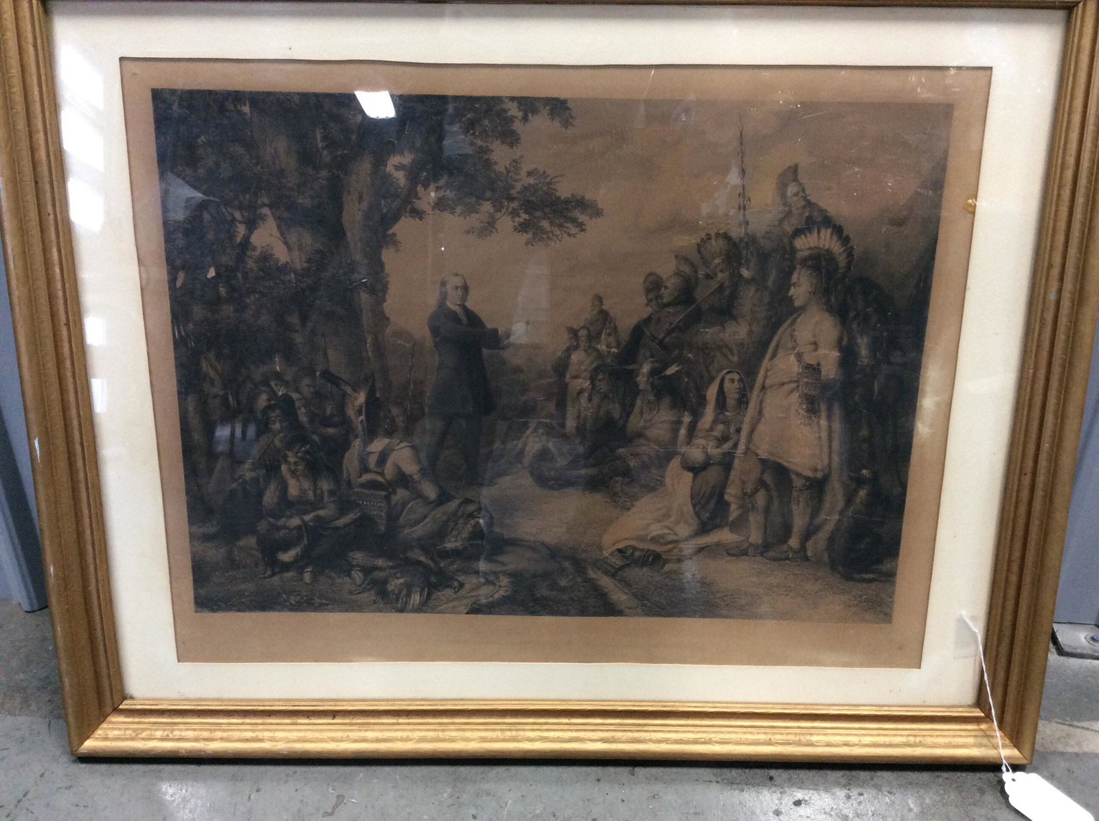 Large Framed Antique Engraving of John Wesley "Preaching to the Indians": Large Framed Antique Engraving of John Wesley "Preaching to the Indians" Framed, matted and under glass, this large engraving was done in the early 20th c. The title is very faded at the bottom and a