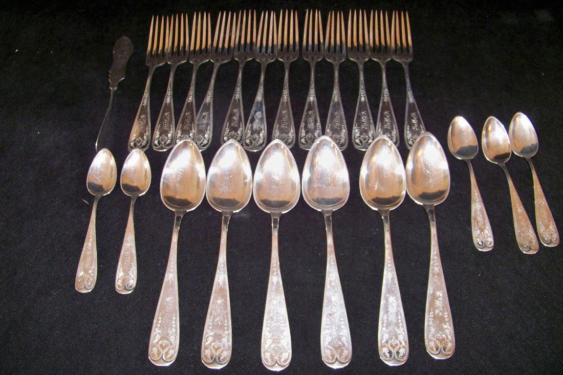 24 pcs. Duhme & Co. Coin Silver Monogrammed: Duhme & Co. Coin Silver- 6 Spoons, 1 Butter Knife, 5 teaspoons, 12 Forks. All w/monogram