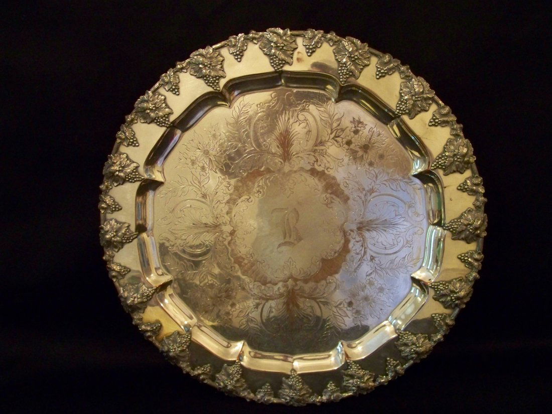 Large Round Plated Serving Tray: Large Round Plated Serving Tray, 20 3/4" diameter, copper showing through the plate in some areas