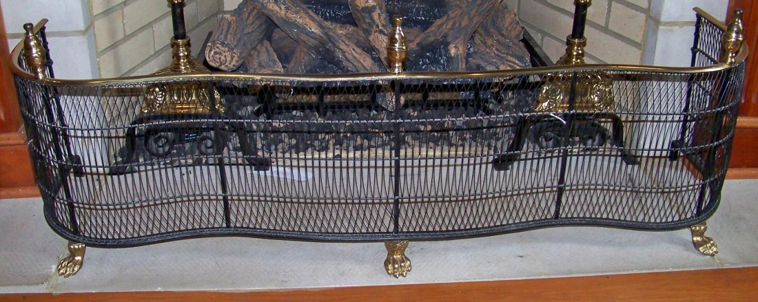 Brass and Wire Fireplace Fender with Pawed Feet: Brass and Wire Fireplace Fender with Pawed Feet, 48 1/2" wide