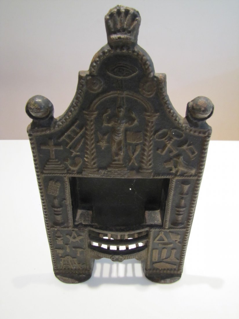Masonic Lodge Piece: Unusual, intricately decorated with old gold painted highlights, iron Masonic lodge piece. Likely last half of 19th Century.