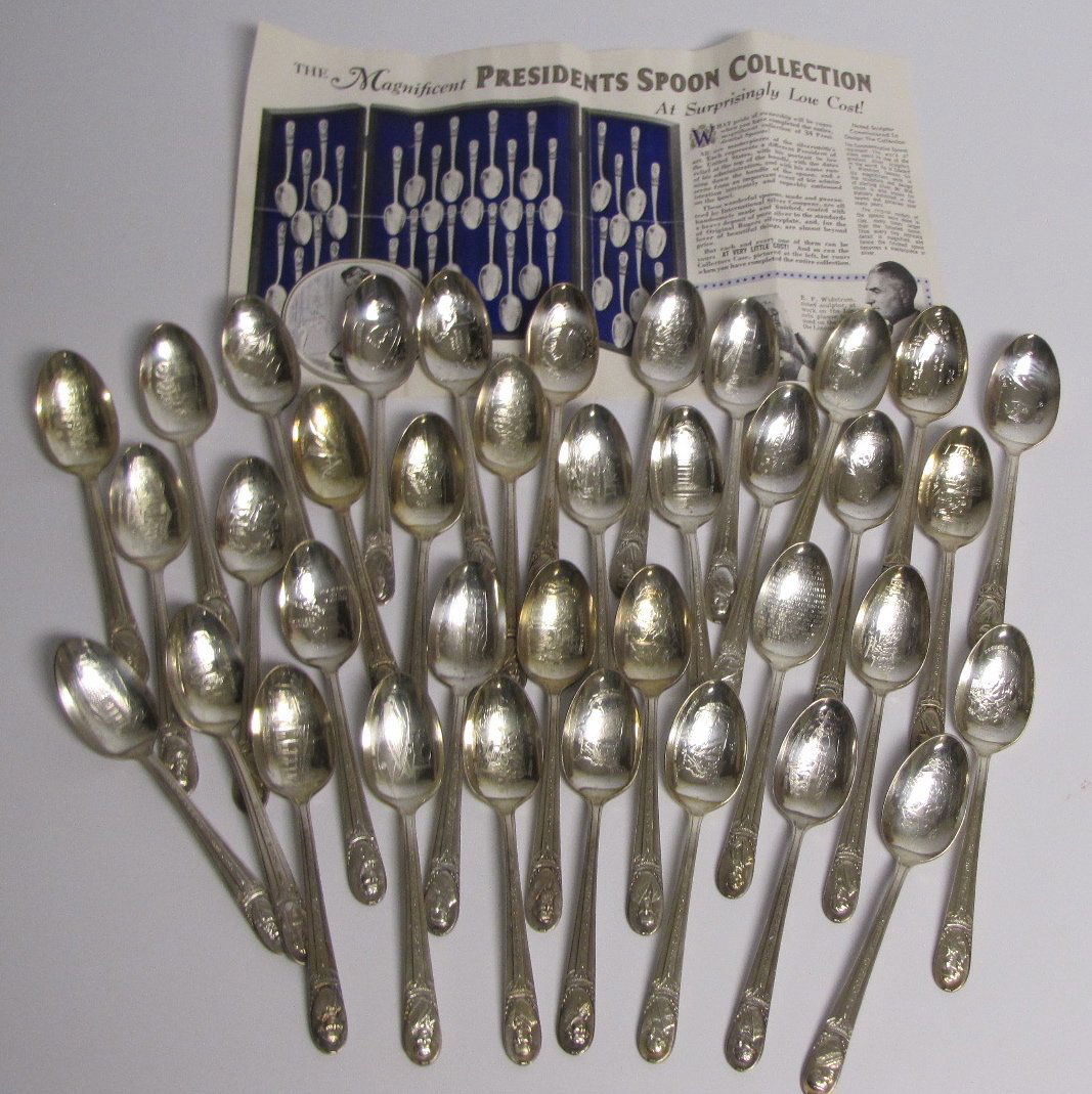 1960's Presidential Spoon Collection: 1960's Presidential Spoon Collection comprising 37 Presidents depicted on spoons. Marked Wm. Rogers Mfg. Co. - IS (Silver plate).
