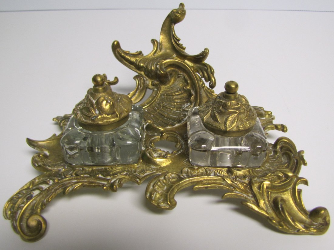 Art Nouveau Brass Inkwell: Art Nouveau Brass Inkwell, circa 1890; Provenance - purchased at the Jacob Stoner sale Aug. 15, 1968, Author of Historical Papers, Franklin County and Cumberland Valley Pennsylvania; later purchased a