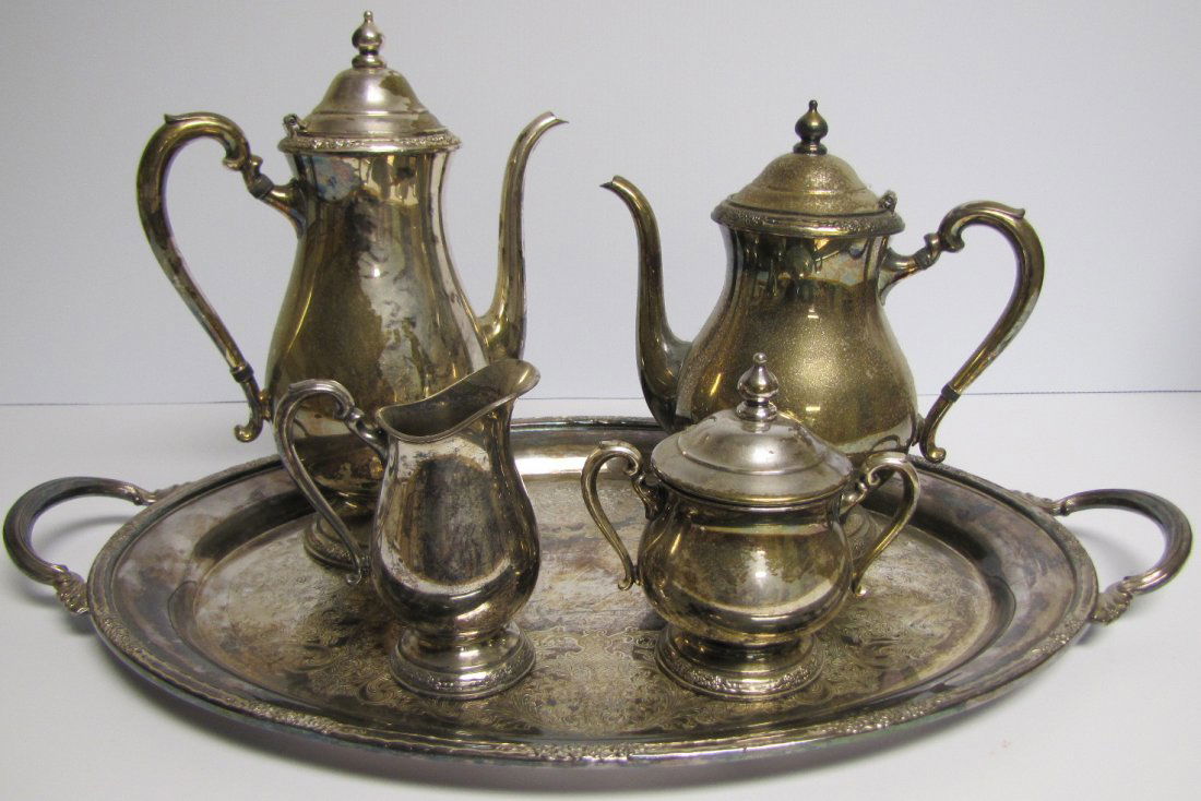 5 Piece Silver Plate Tea/Coffee Service: 5 Piece Silver Plate Tea/Coffee Service with sugar, creamer and large serving tray. International Silver Co., "Camille".