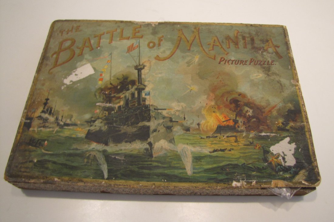 "Battle Of Maine" Picture Puzzle: Early 1900's "Battle of Maine" picture puzzle - box with puzzle pieces. There are a total of 99 pieces in two plastic bags, inside the puzzle box.