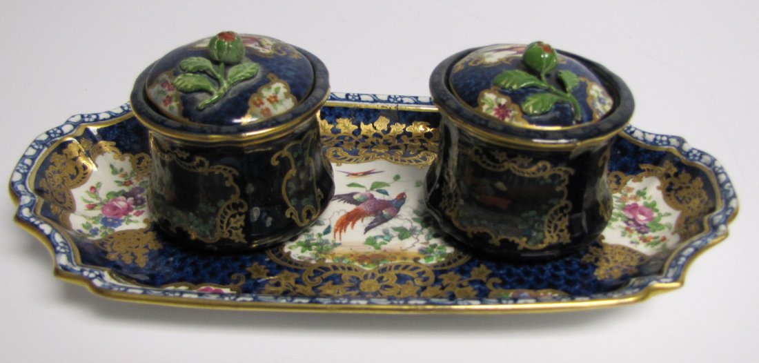 Victorian Era China Ink Stand: Victorian era hand painted & gilded china ink stand & inkwells w/birds and flowers motif, marked Booths T., Goode & Co., London.