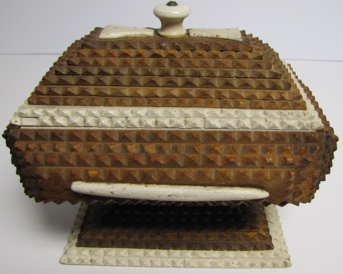 Tramp Art Box On Pedestal/Porcelain Knob: Tramp Art Box on pedestal with applied painted decoration and porcelain knob; 8"H, 9 1/2"W, 6 3/4"D.