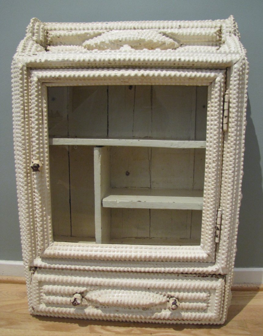 Large Tramp Art Cabinet: Large Tramp Art Cabinet with drawer and white enamel paint w/interior shelves; 26 1/4"H, 19"W, 6 1/4"D.