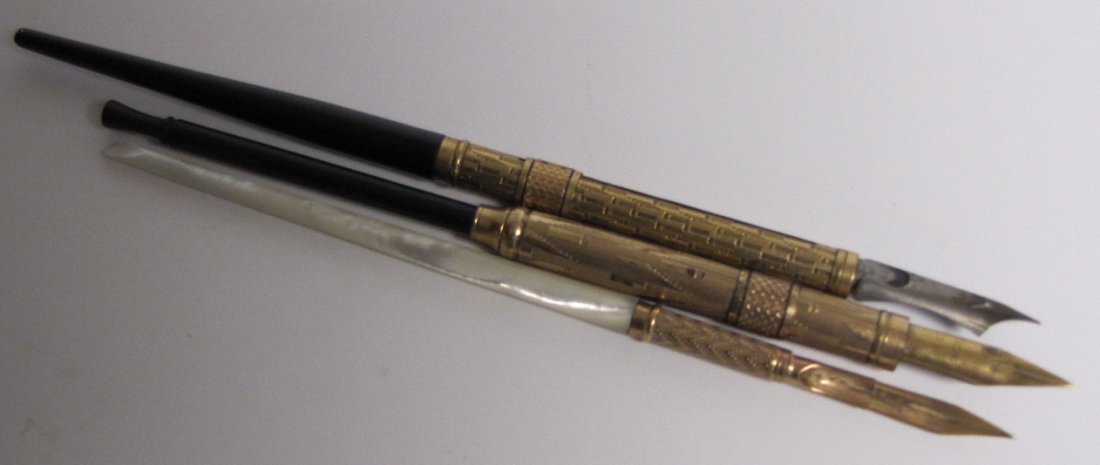 Three Older Pens: Three Pens including one marked "H.M. Smith & Co. New York, No1" on tip w/partial stem & two with ebony handles; one with stainless tip and an older pen believed to be marked, "John Holland, Cin. O. N