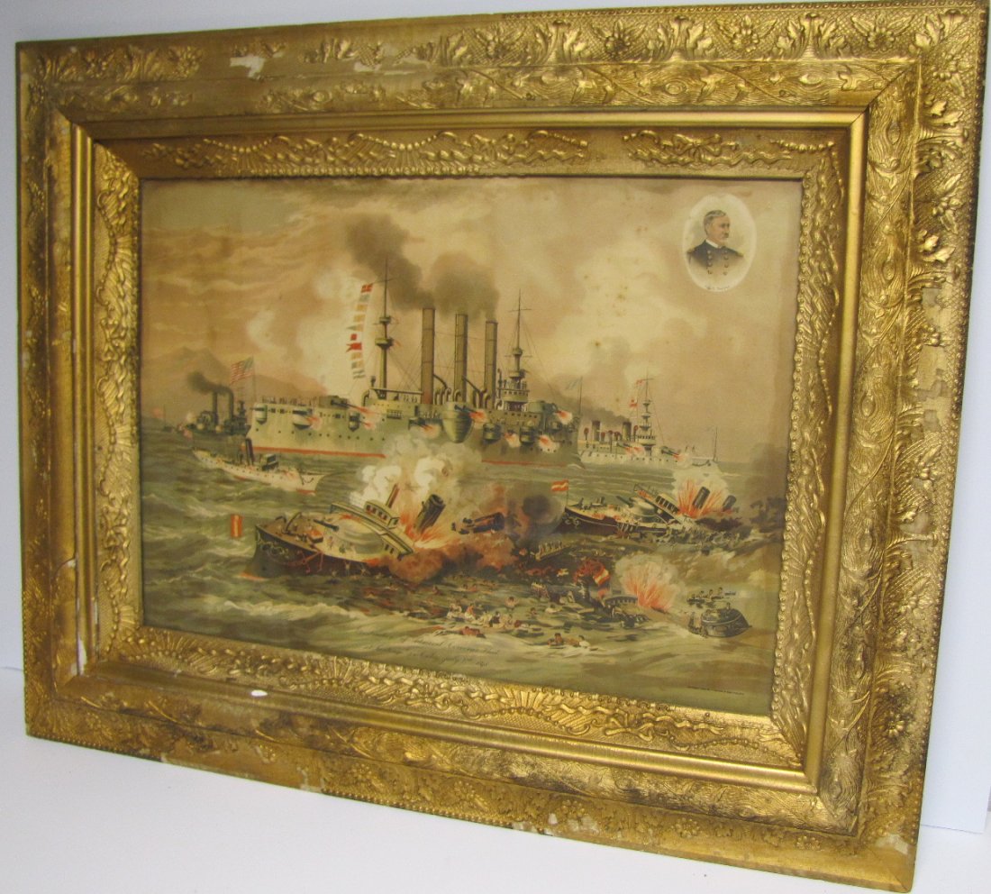 Spanish American War Lithograph: Colorful Spanish American War Lithograph, "Destruction of Admiral Cervera's Fleet at Santiago de Cuba, July 3, 1898" in period frame. Frame has significant loss to gesso and gold over paint; 29 3/4" x
