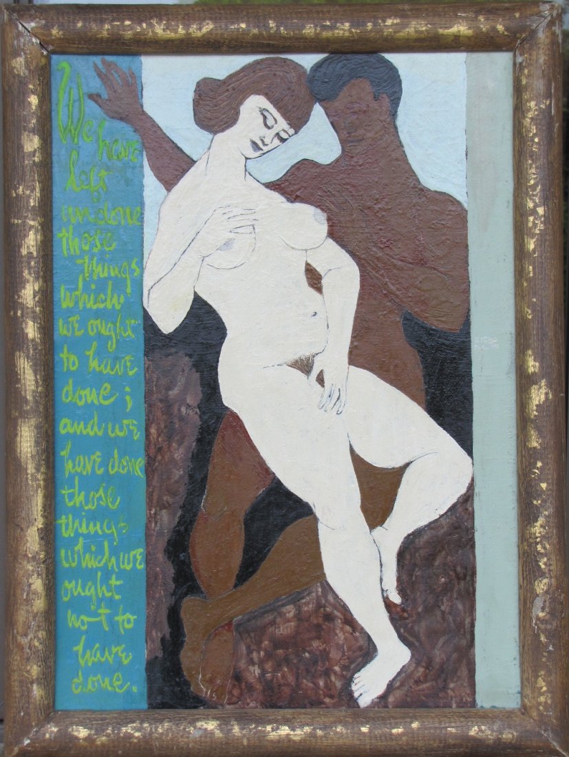 "Done And Undone": Framed, oil on artist board with caption, "We have left undone those things which we ought to have done; and we have done those things which we ought not to have done." - (17 1/2" x 24").