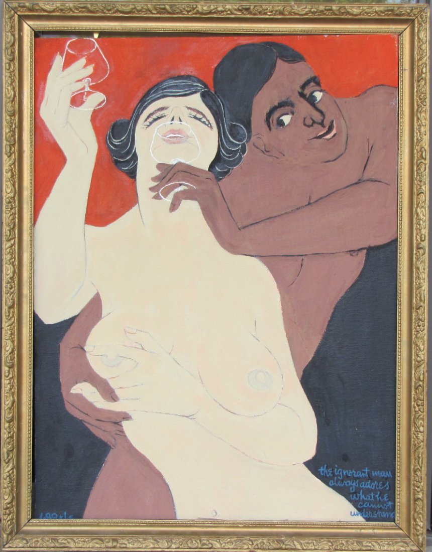 "Understanding Bliss": Framed, oil on artist board, with caption, "The ignorant man always adores what he cannot understand." - (18" x 24").