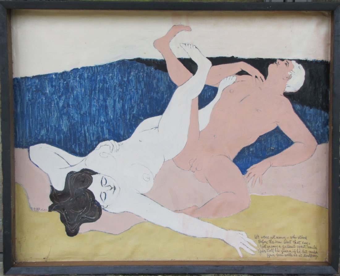 "Reclining At Monterey": Framed, oil on canvas, affixed to peg board, with caption, "We were not many - who stood before the iron sleet that day, yet many a gallant spirit would give half his years, if he but could have been