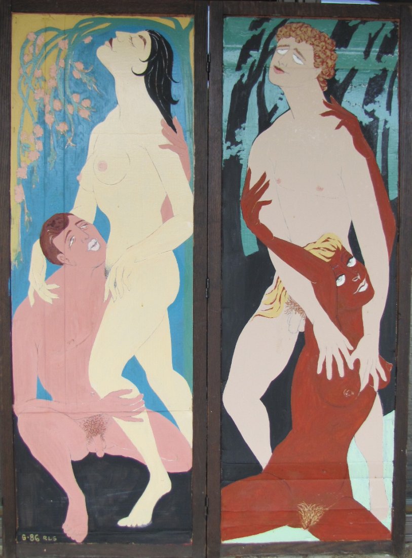 "Double Vision": (Double Screen), affixed (stapled) to a three-piece wood screen frame; oil on cardboard. Each cardboard panel is 17" x 50" 1/2").