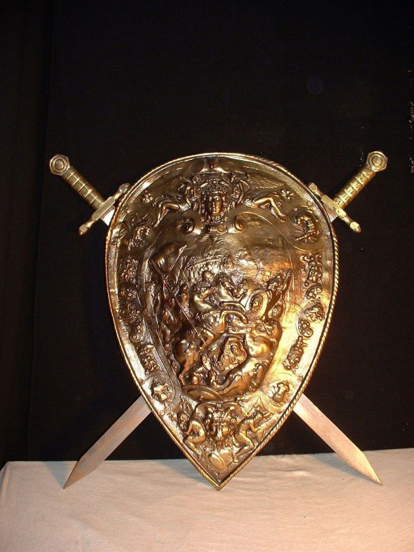 Antique EMBOSSED weapon armor shield & 2 swords Gothic