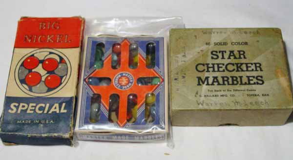 3 ASSORTED MACHINE MADE Original Packages: Lot of three items. A Star Checkers marble box. A Master Glass No. 5 box. A Pressman Big Nickel box. The Star and Master are Mint. The Pressman is Near Mint. Complete information covering terms, condi