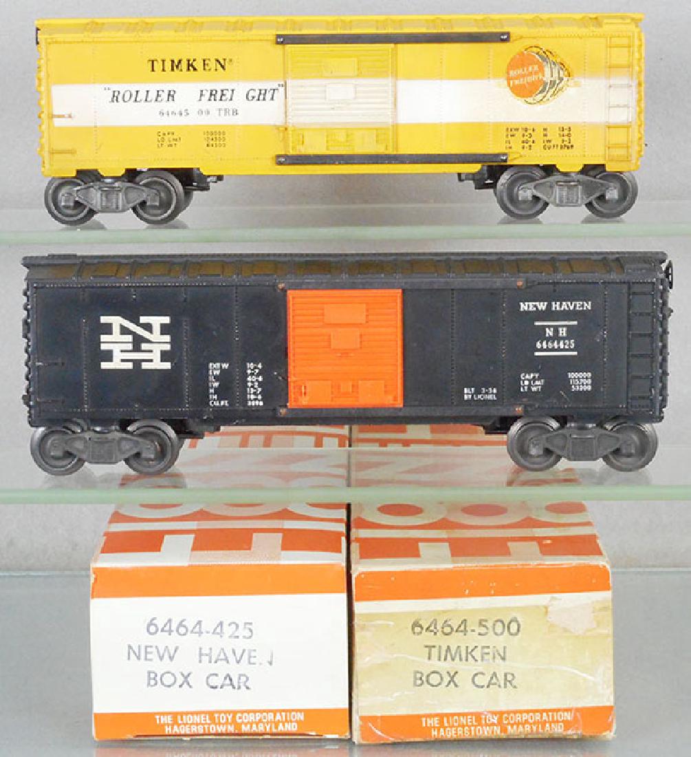 2 LIONEL BOX CARS: O ga, 6464-500 Timken, type 4, 1 decal is worn, 6464-425 New Haven, type 1, orig boxes minor wear, 1 taped, C6-7.