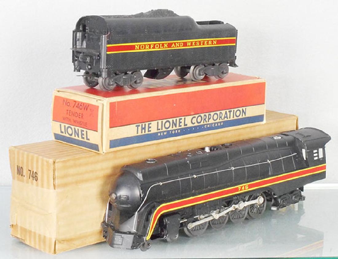 LIONEL 746 N&W LOCO & TENDER: O ga, 746 loco, 746X long-stripe tender, orig boxes, tender box missing flap on 1 side, C7-8.