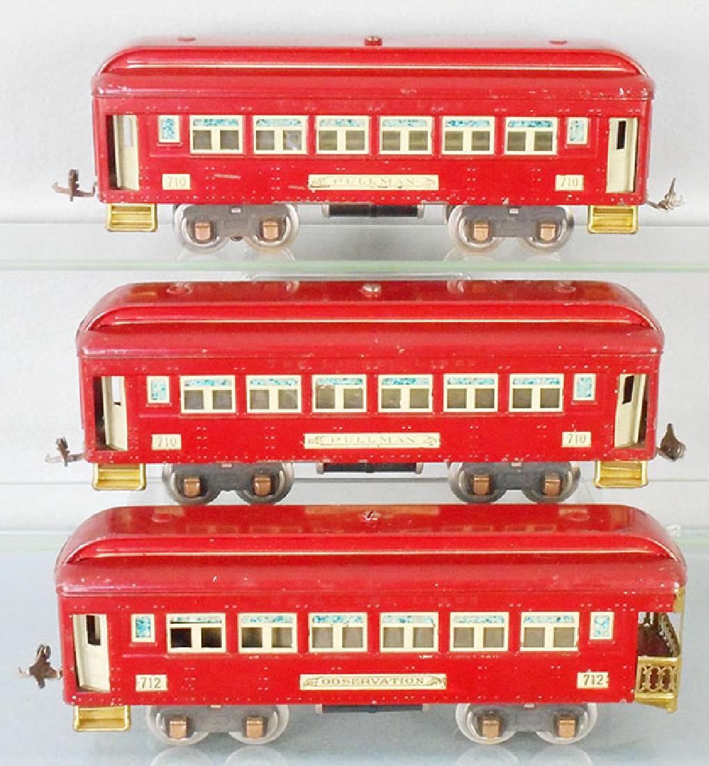 3 LIONEL PASSENGER CARS: O ga, 2 #710 Pullmans, 712 obsv, C5.