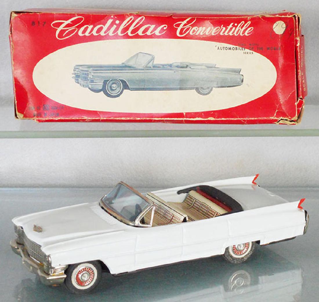 BANDAI 1963 CADILLAC: litho tin, white, friction working, 8 in long, orig box minor wear, C8.