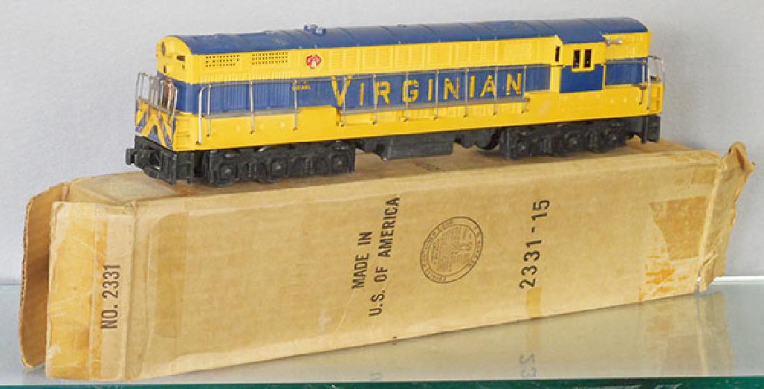 LIONEL 2331 VIRGINIAN FM: O ga, hairline screw cracks on both sides, decals have edge chips, orig box & insert worn, C7-8.