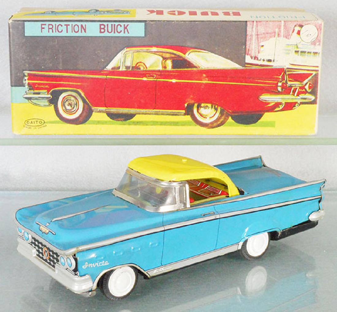DAITO 1959 BUICK INVICTA: litho tin, blue & yellow, friction working, w/manual top, 9 in long, orig box, C8-9.