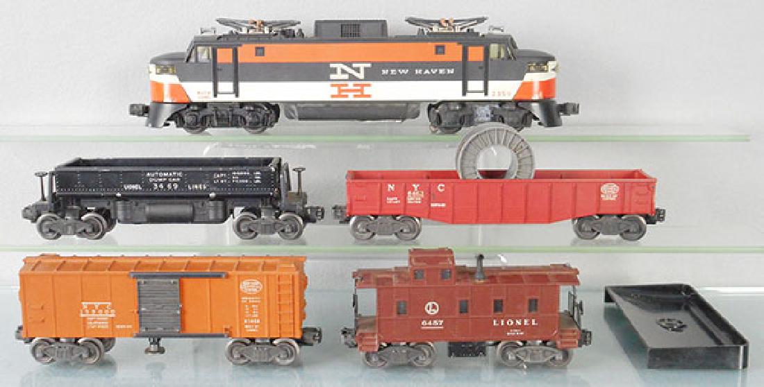 LIONEL TRAIN SET: O ga, 2350 New Haven loco, 3469 dump, 6462 gondola, 3464 box car, 6457 caboose, orig boxes rough, C5-6.
