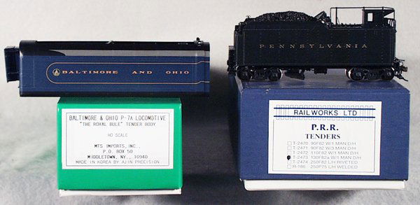 HO SCALE BRASS LOT: HO ga, painted brass, MTS Imports B&O Royal Blue tender body, what is there is professionally built; Railworks Ltd T2473 PRR tender, both are made in Korea, obs, C8-9. Complete information covering te