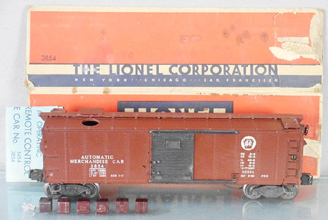 LIONEL 3854 MERCHANDISE CAR: O ga, small crack repaired on side, w/6 orig cubes, orig box remnants only, C6.