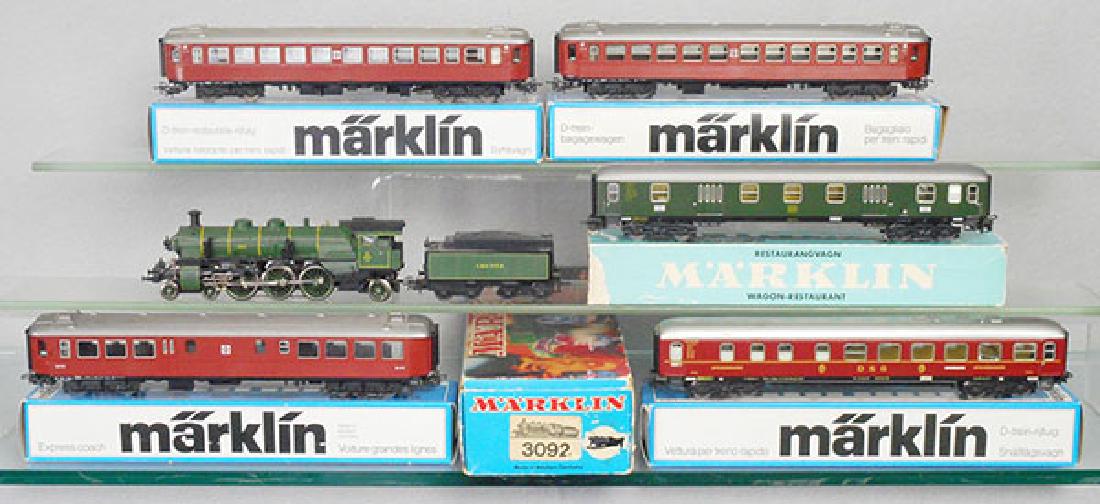 MARKLIN TRAIN SET: HO ga, 3092 loco & tender, w/cars 4026, 2 #4072, 4073, 4024, orig boxes, minor wear to worn, C7-8.
