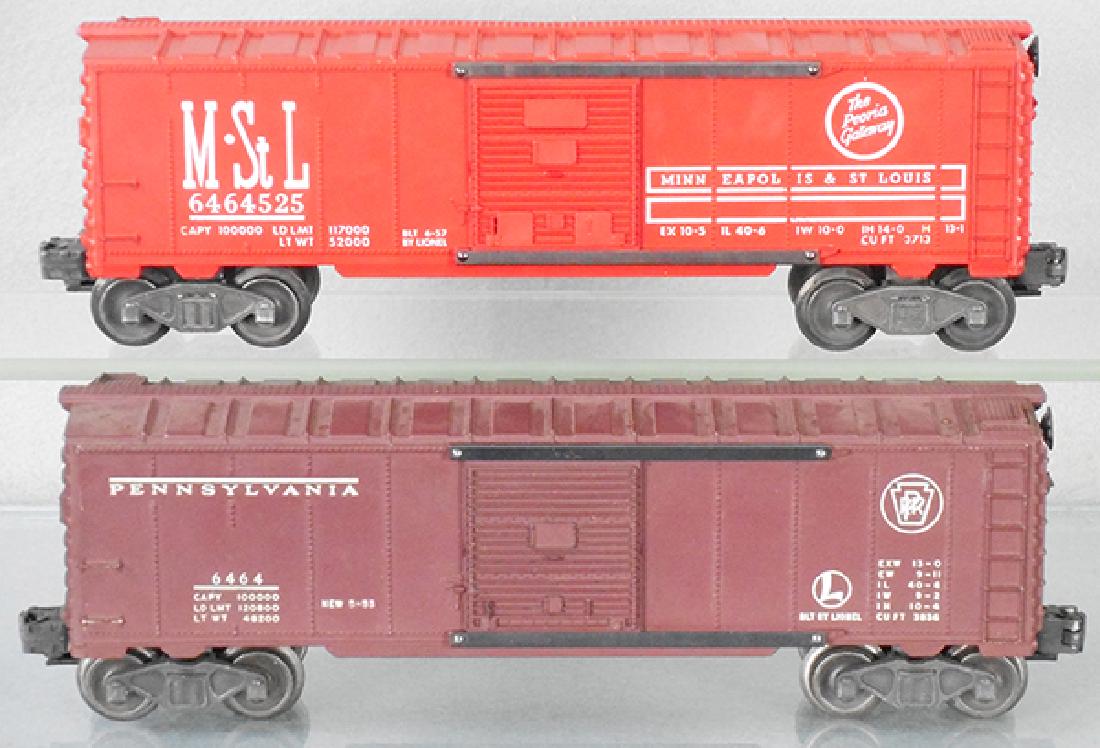 2 LIONEL BOX CARS: 6464-525 M&StL, 6464-200 PRR box car, 3 steps chipped, C6-8.