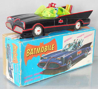 ASC BATMOBILE: litho tin, battery operated, working, 12 in long, some surface oxidation spots, orig box & insert minor wear, C7.