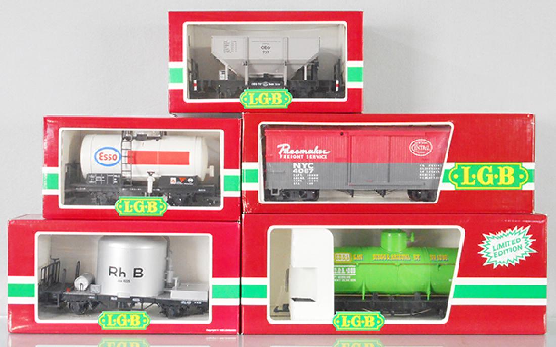 5 LGB FREIGHT CARS: G ga, 4141 ore car, 4040E Esso tank, 4067-F01 Pacemaker, 4025 tank, 4080-Y05 San Diego & Arizona tank, orig boxes & inserts, C9.