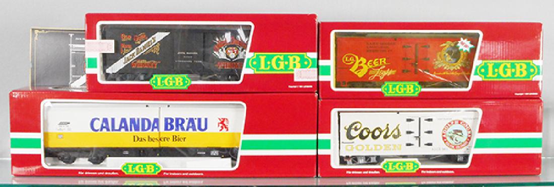 4 LGB BEER CARS: G ga, 4067 Jack Daniels, 40570 Calanda Brau, 43720 Coors, 4472 Lake George, orig boxes & inserts, C9.