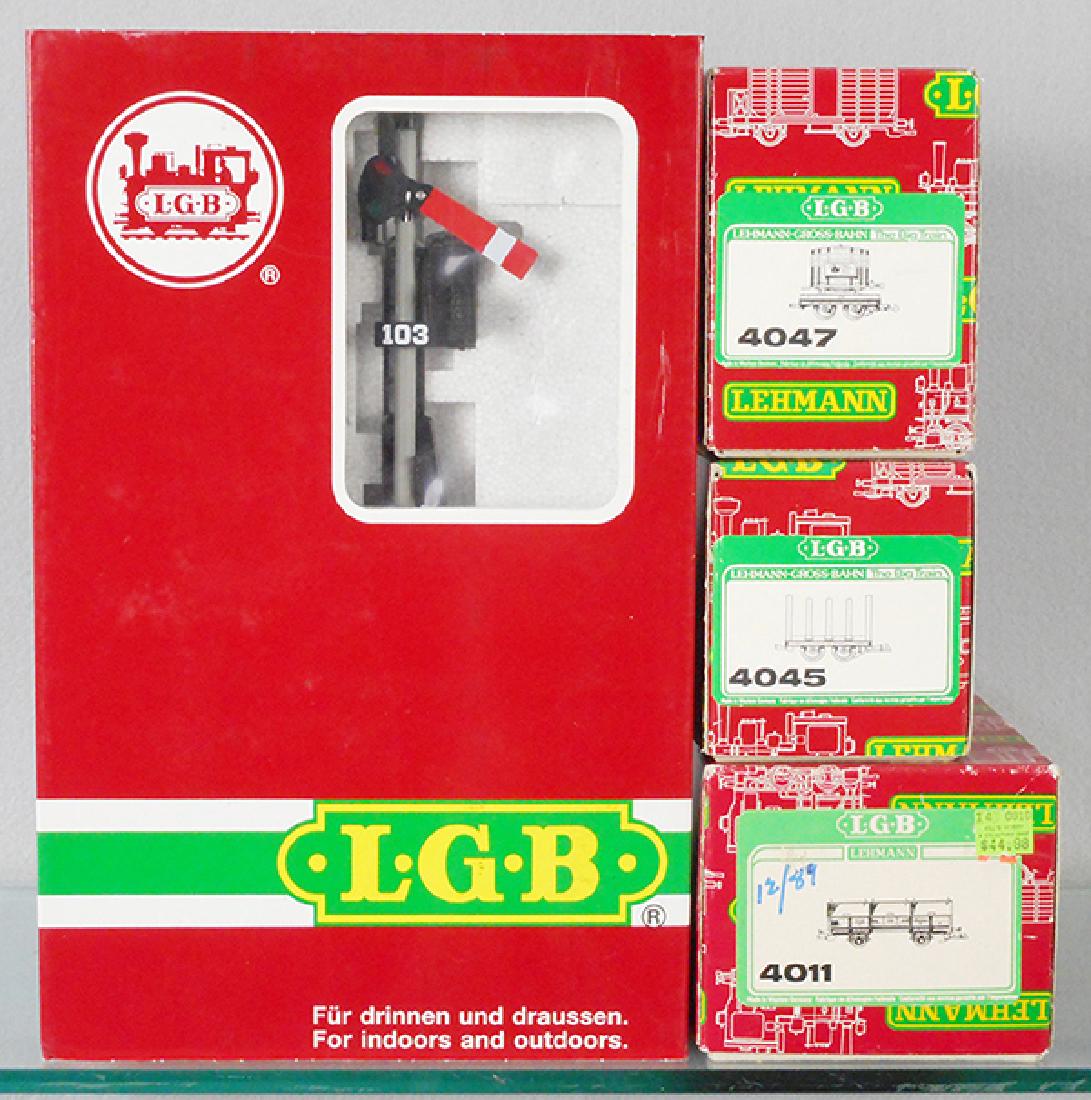 LGB LOT: G ga, 50960 Semaphore Signal, 4047 Wine Barrel car, 4045 Stake car, 4011 Covered Gondola, orig boxes minor wear, C8-9.