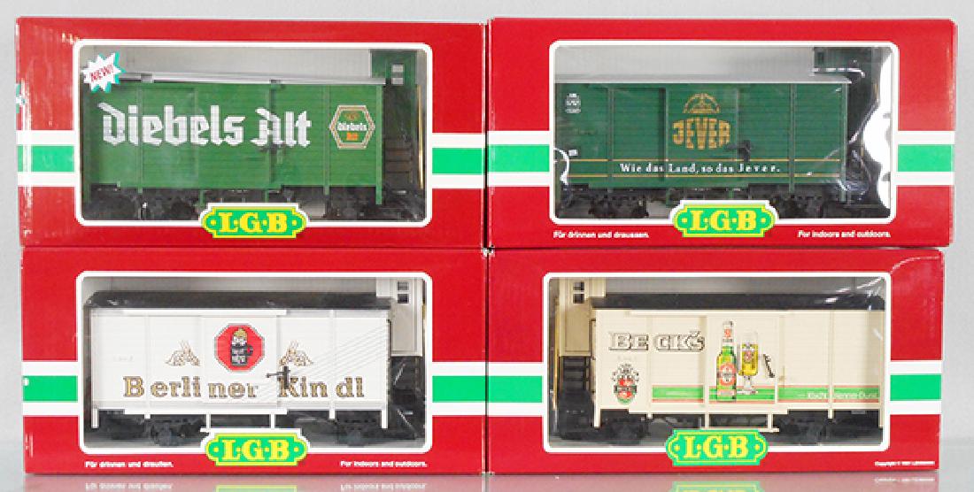 4 LGB BEER CARS: G ga, 43260 Diebels, 44260 Berliner Kindl, 40260 Becks, 45260 Jever, orig boxes & inserts, C8-9.