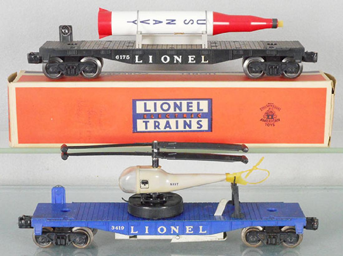 2 LIONEL SPACE CARS: O ga, 6175 rocket car, w/orig rocket, orig box, 3419 helicopter launching flat, w/orig helicopter, C7-8.