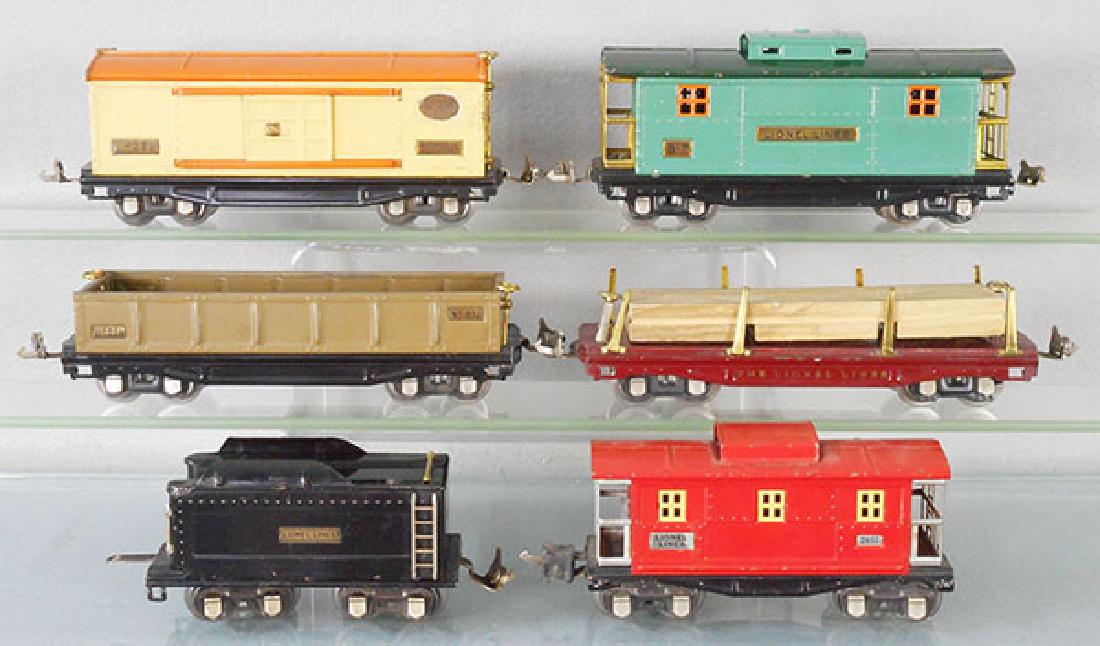 LIONEL FREIGHT CARS: O ga, 814 Box Car, 817 Caboose, 812 Gondola, 811 Lumber Flat, 261T Tender, 2657 Caboose, C5-6.