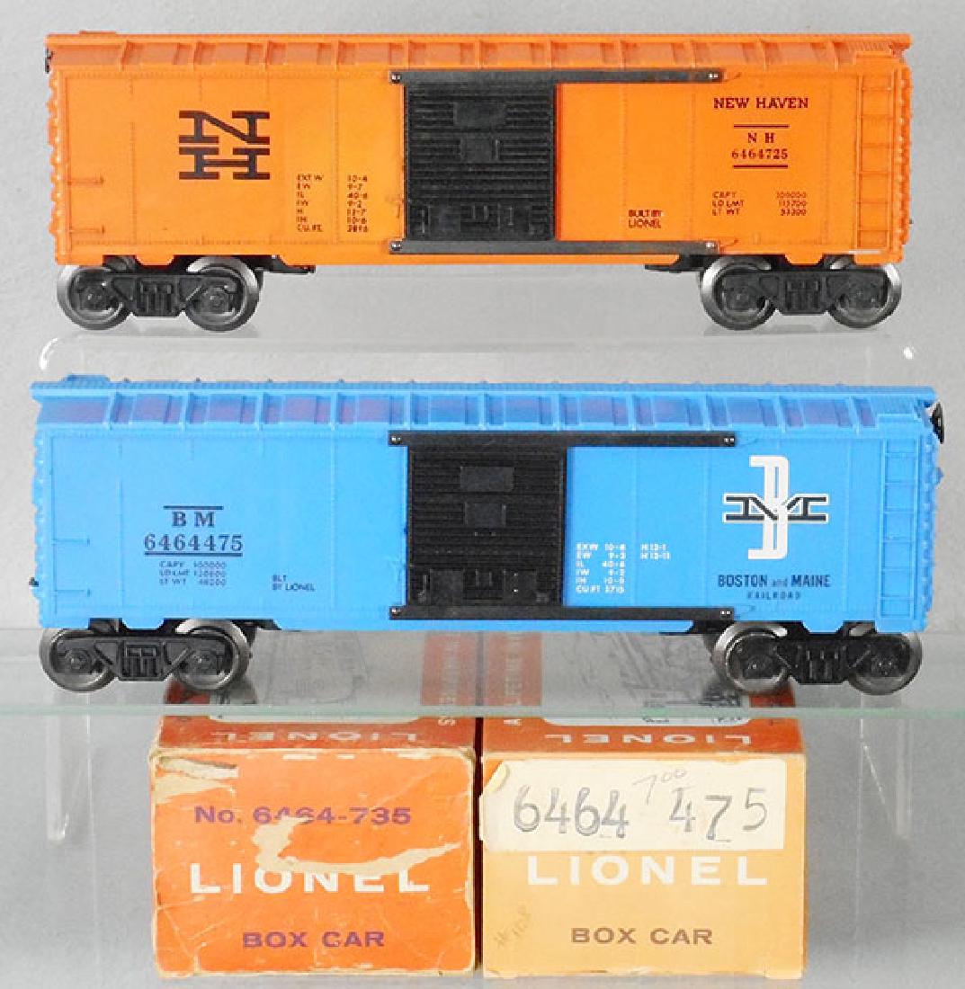 2 LIONEL BOX CARS: O ga, 6464-725 New Haven, 6464-475 B&M, orig boxes minor wear, C7-8.