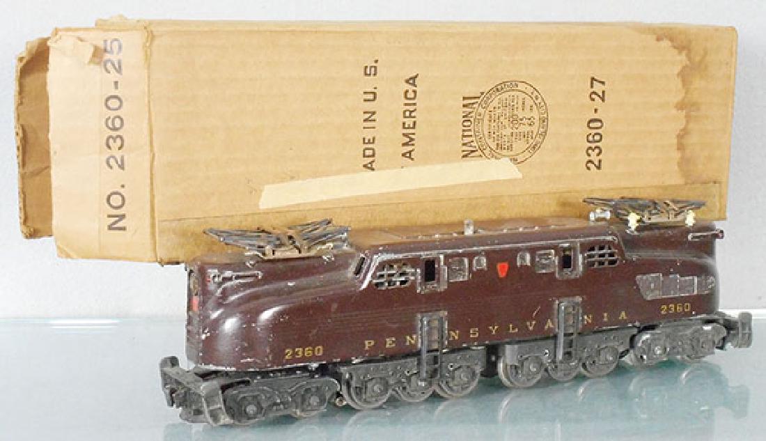 LIONEL 2360 PRR GG1: O ga, tuscan w/worn stripes, pantograph insulators worn & broken, 2 broken red marker lights, orig box worn & stained, C5.