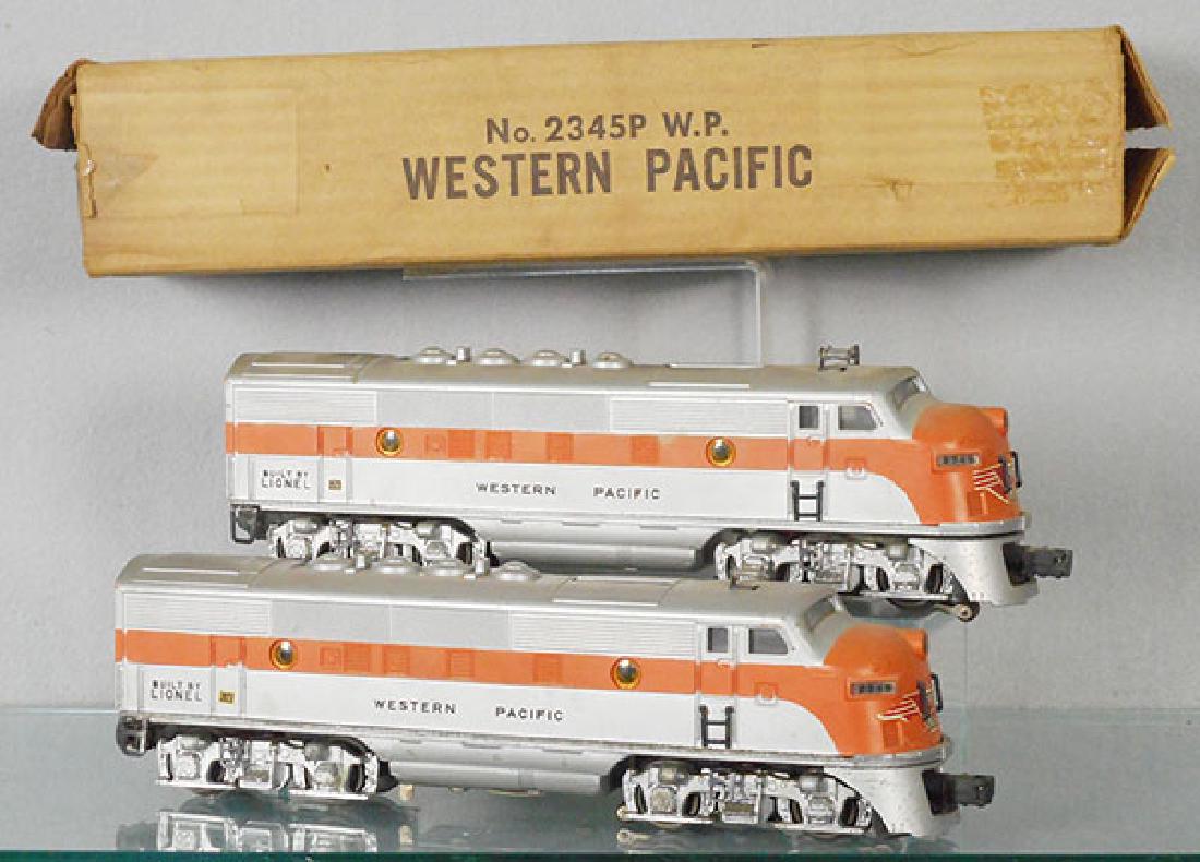 LIONEL 2345 WESTERN PACIFIC F3 AA: O ga, nose decals worn, B unit has paint rubs on ventilator, orig box worn, C6.