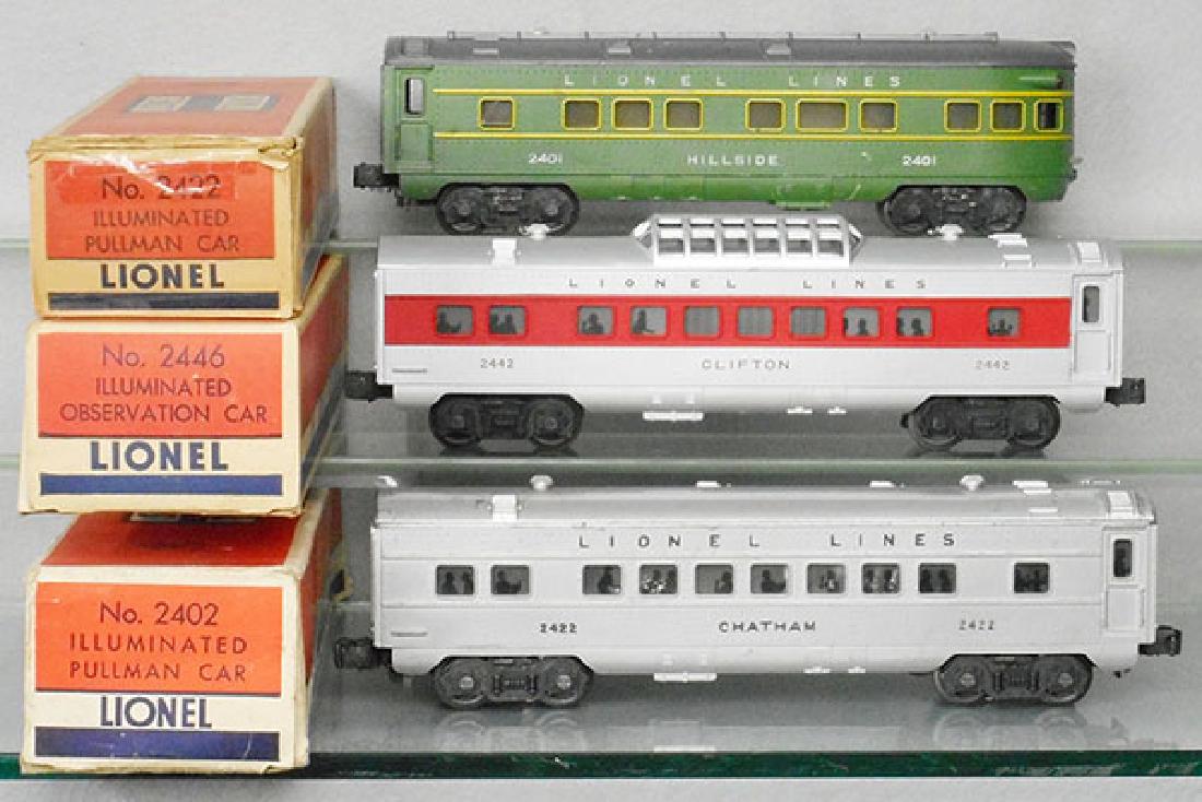 3 LIONEL PASSENGER CARS: O ga, 2401 Hillside obsv, oxidation spots on trucks, 2442 Clifton vista dome, 2422 Chatham coach, orig boxes minor wear to worn & incom, C5-6.